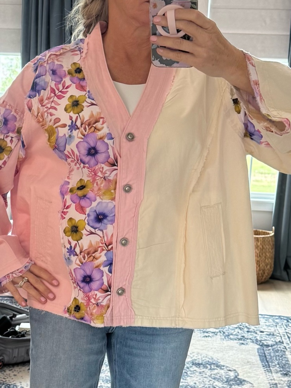 POL Floral Patchwork Pink & Cream Women's Top Medium
